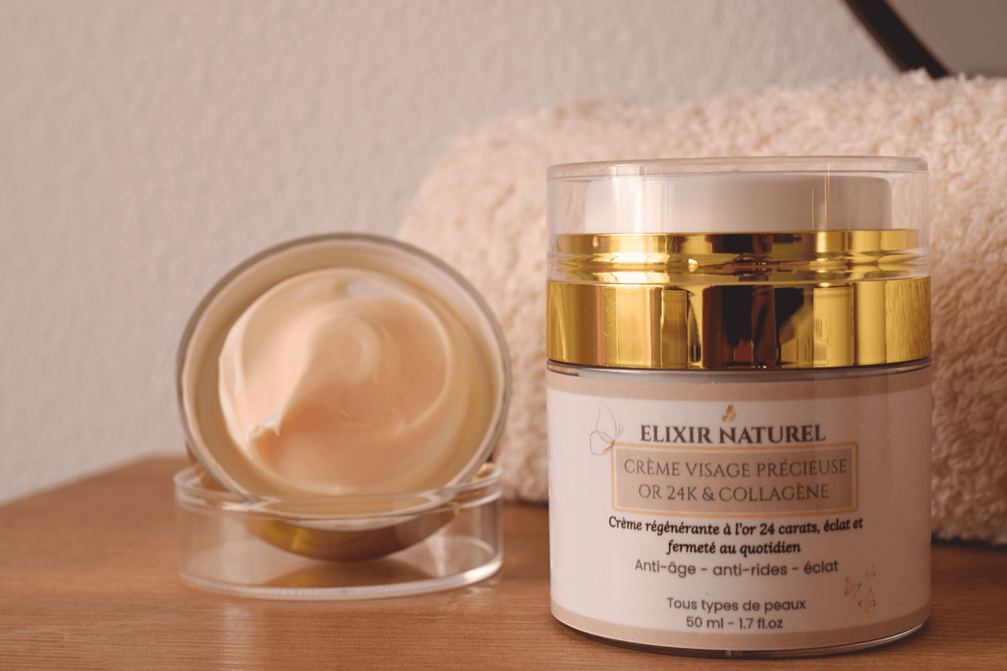 Crème Précieuse à l'Or 24K — Fermeté, nutrition, rides atténuées • 89% naturel